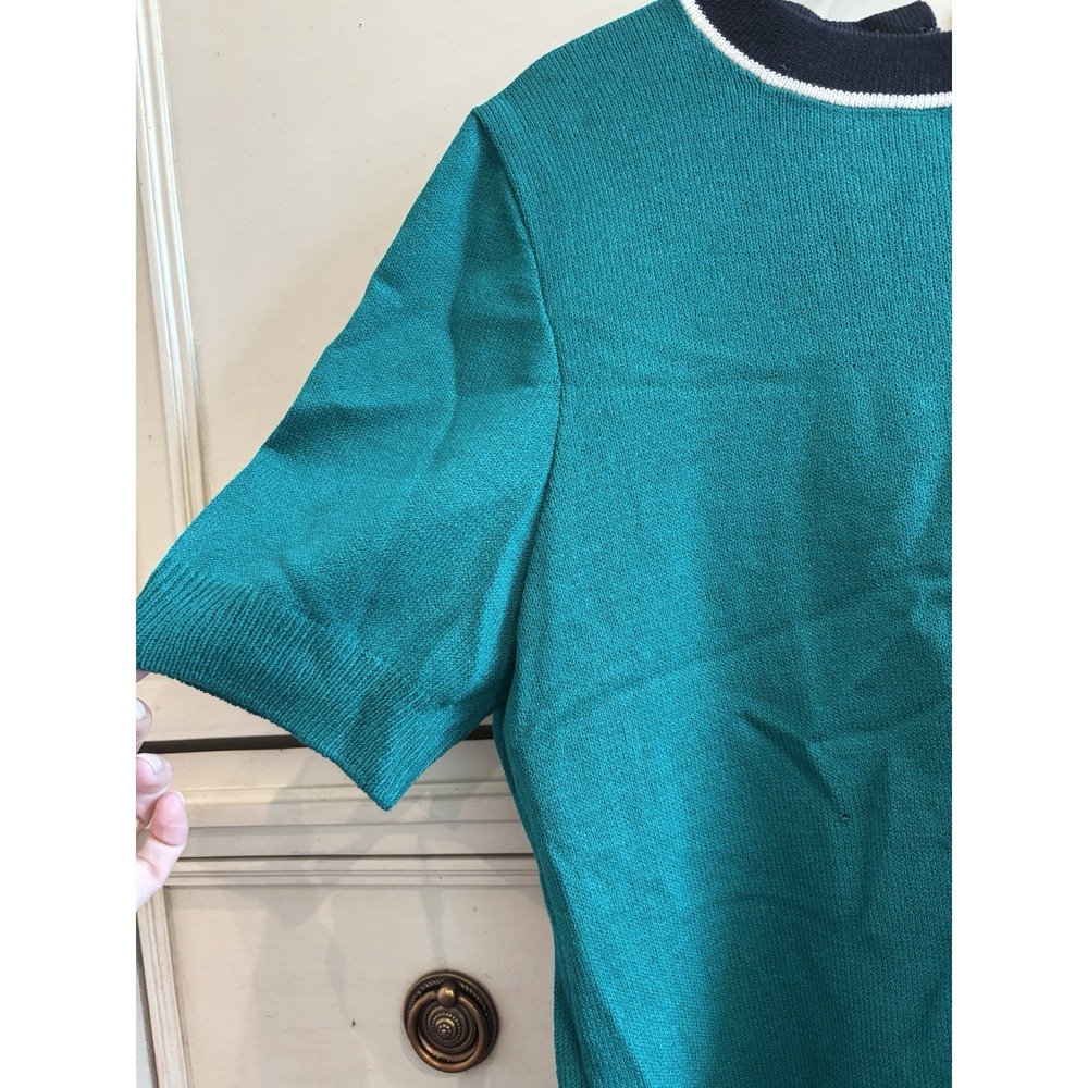 Vintage St. John Short Sleeve Teal Knit Sweater Size Large Made USA Old Money - Picture 2 of 8